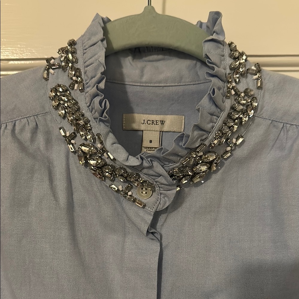 J.Crew Sky Blue Ruffled Blouse with Silver Embellishments